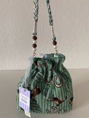 Handcrafted In India Beaded Drawstring Cowboy Boots Horseshoe Shoulder Bag NEW